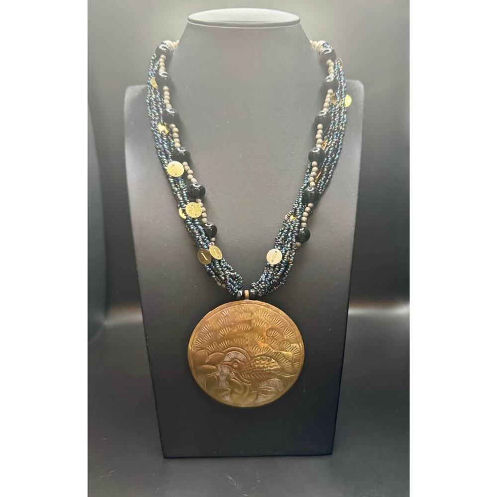 Vintage Handcrafted Brass Etched Bird Pendant with Beaded Collar Necklace